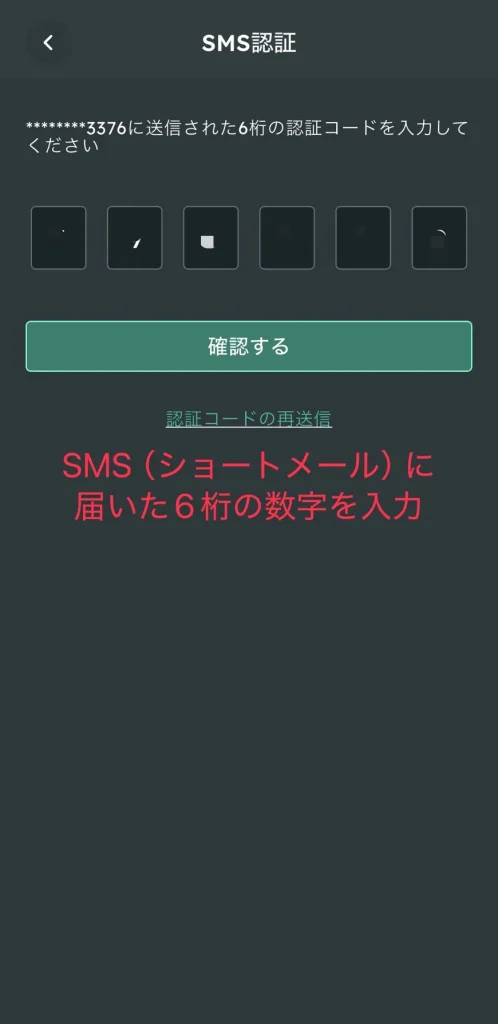 SNPITのSMS認証で6桁の認証コードを入力する画面