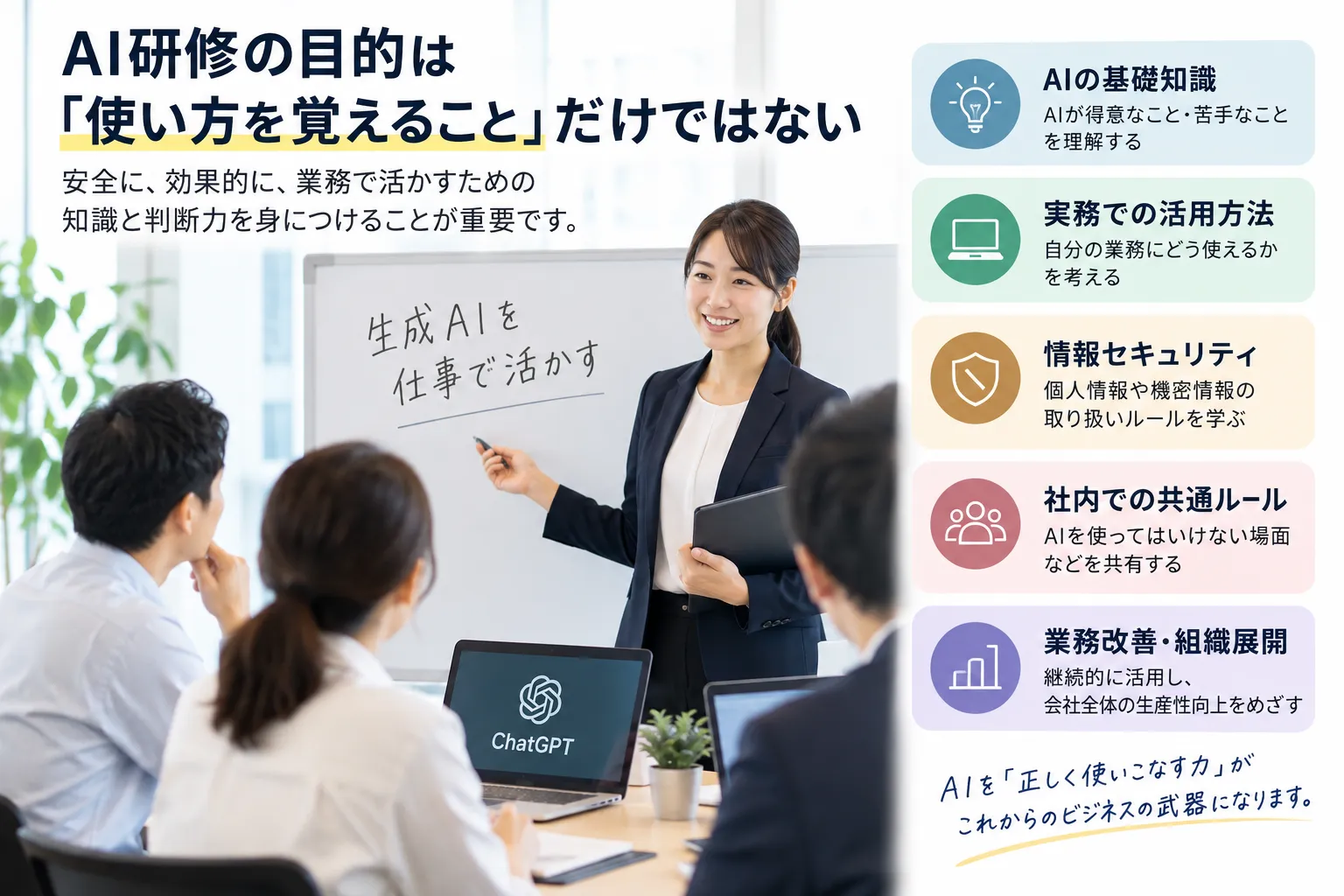企業向けAI研修の目的として基礎知識、実務活用、情報セキュリティ、社内ルール、業務改善を解説する画像