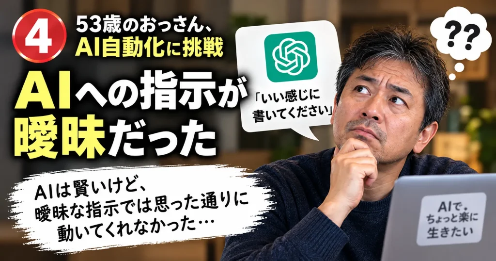 AIへの指示が曖昧で思った通りの文章が出なかったプロンプト設計の失敗を表す画像