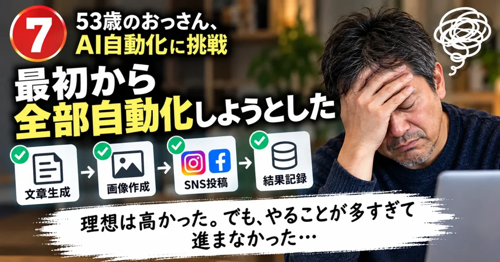 最初からすべてをAI自動化しようとして作業が複雑になった初心者の失敗を表す画像