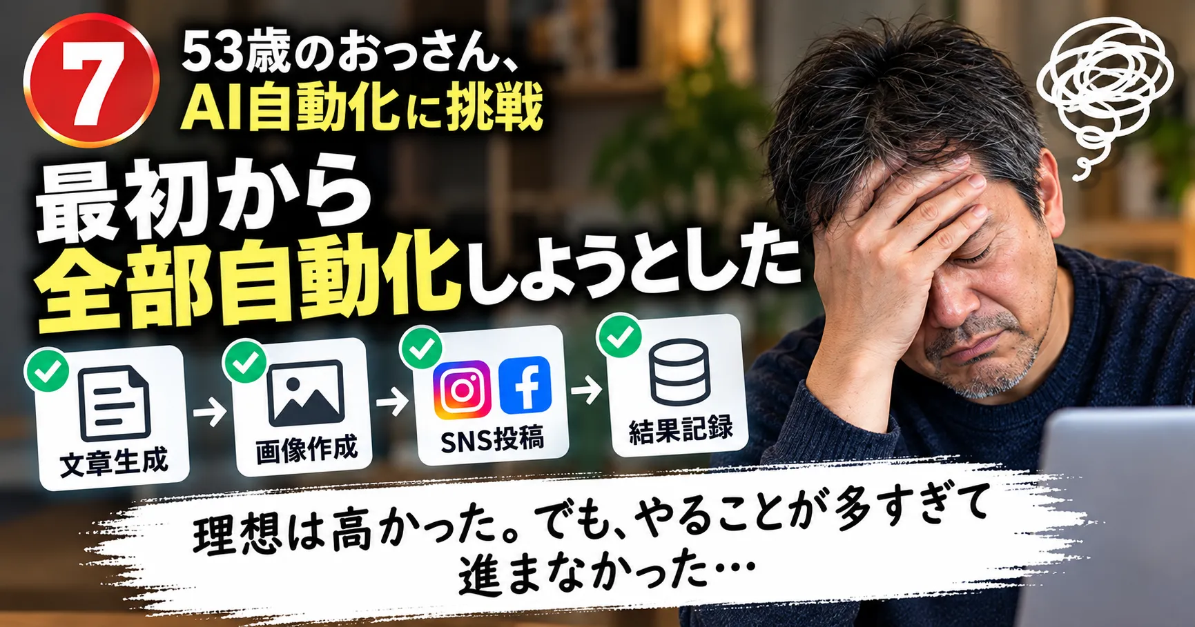 最初からすべてをAI自動化しようとして作業が複雑になった初心者の失敗を表す画像