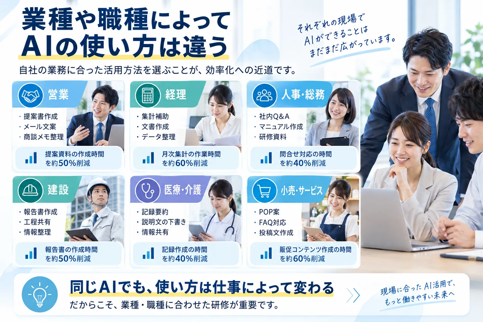 業種や職種によって異なるAI活用例を紹介し、営業・経理・人事総務・建設・医療介護・小売サービスでの効率化を示した画像
