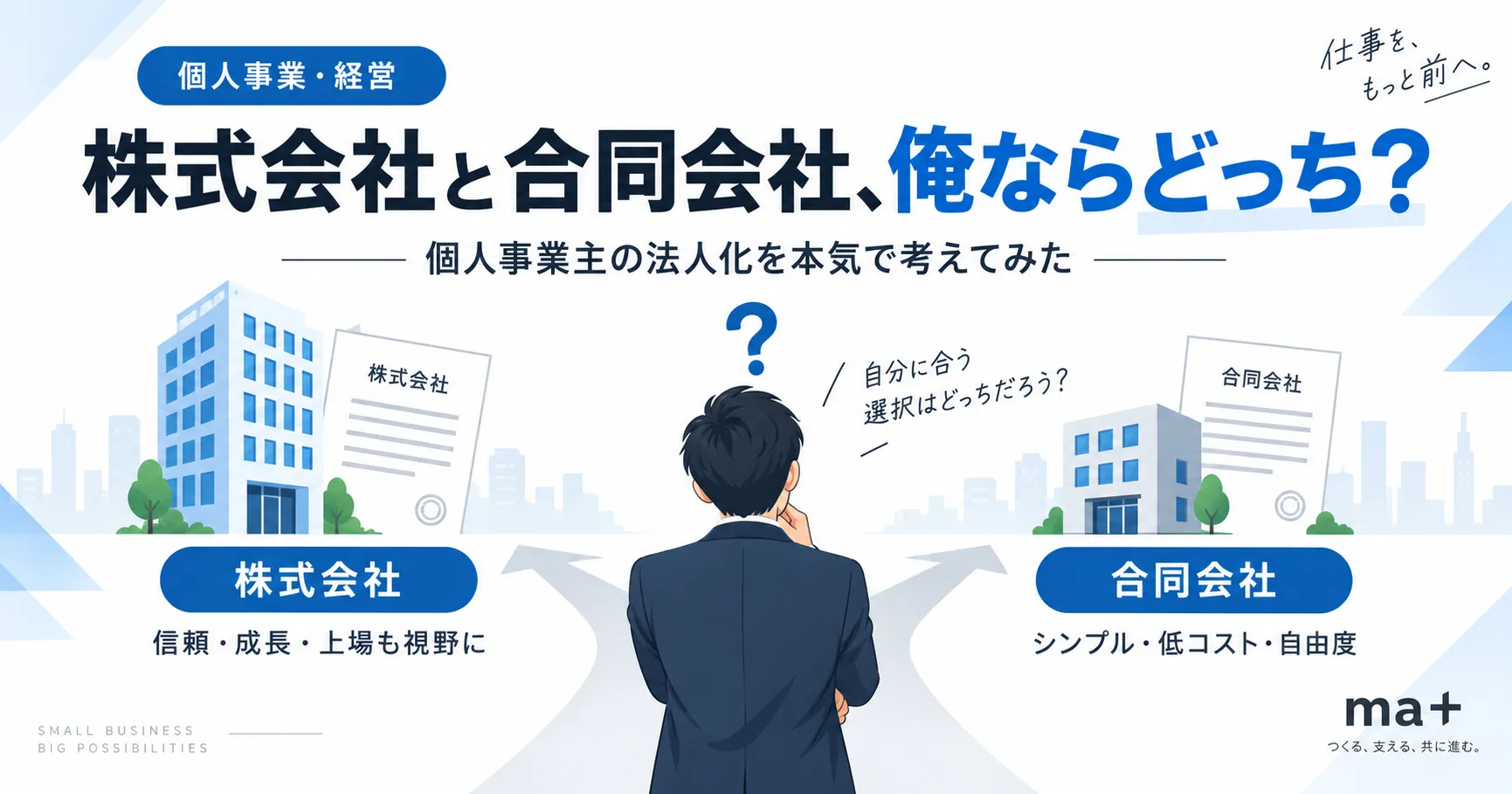 株式会社と合同会社の違いを比較し、個人事業主が法人化を検討していることを表したアイキャッチ画像