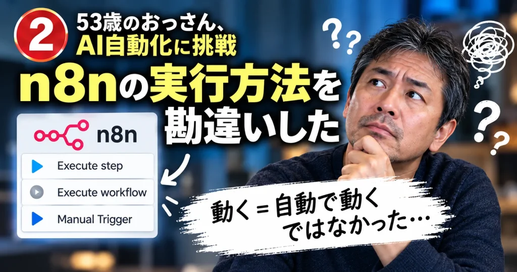 n8nのExecute stepやManual Triggerなど実行方法を勘違いした初心者の失敗を表す画像